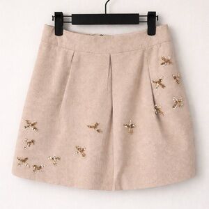 Anthropologie Leifnotes Sequin Bird Mini Skirt Gold Tan Sz 4 26”